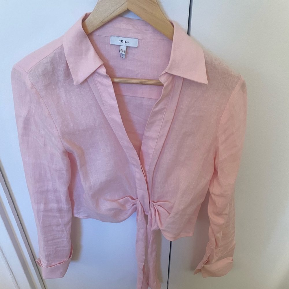 REISS Pink Cropped Tie-Front Linen Shirt
